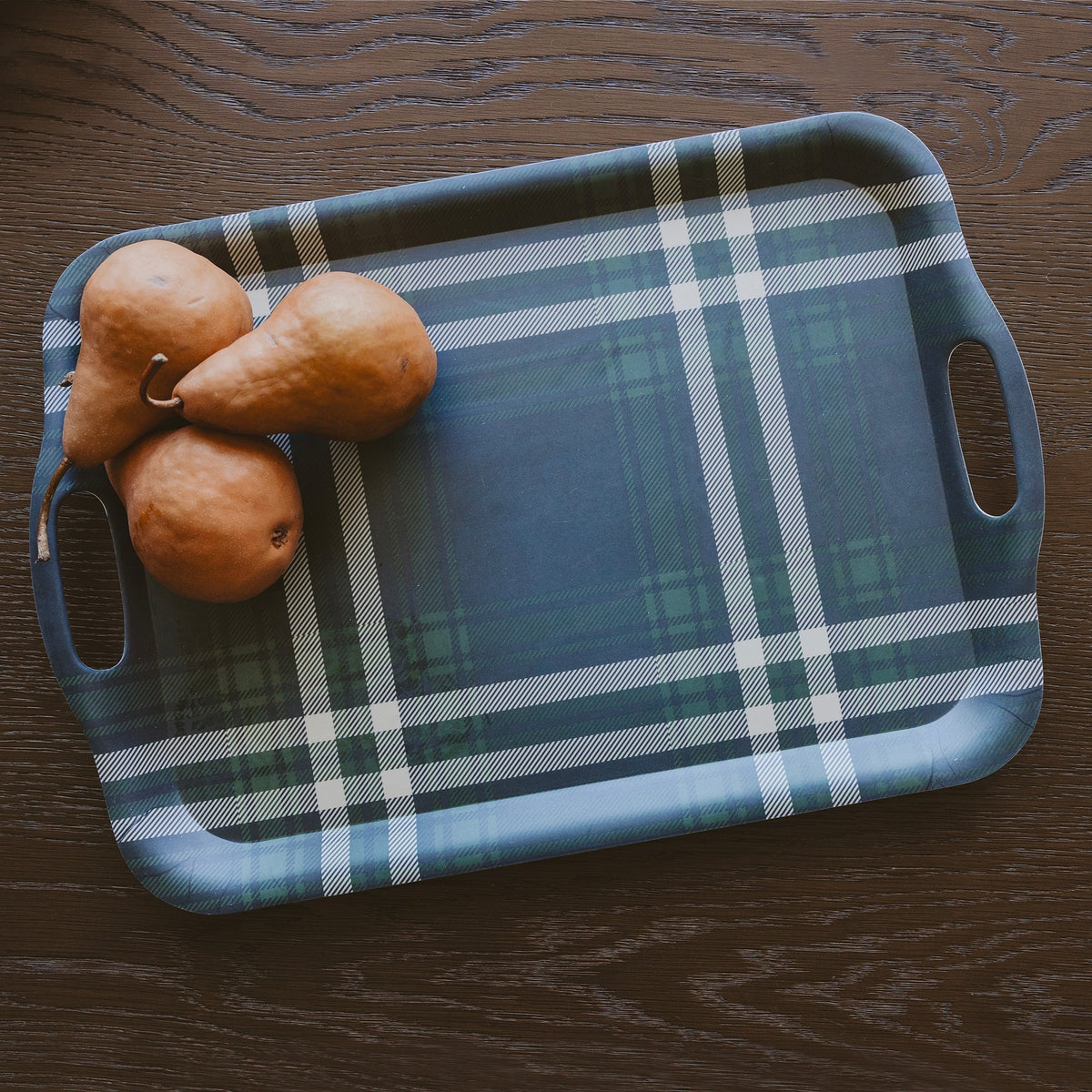 Navy Green Plaid Melamine Tray with Handles - Image 2