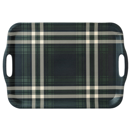 Navy Green Plaid Melamine Tray with Handles - Image 1