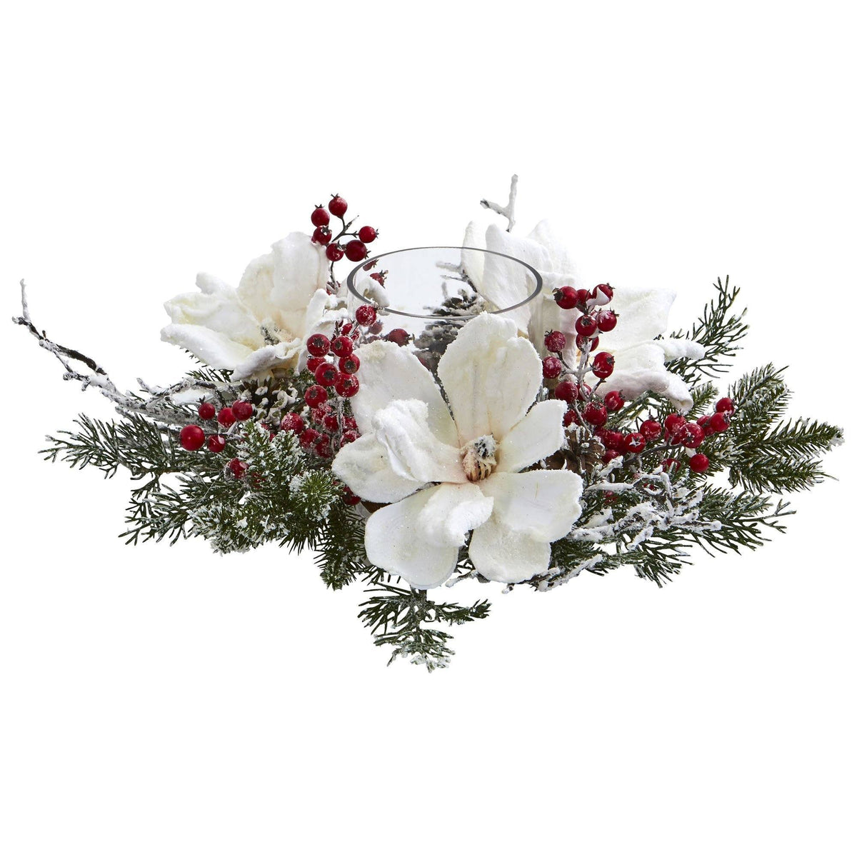 Frosted Magnolia Berry Candle Holder Centerpiece - Image 1
