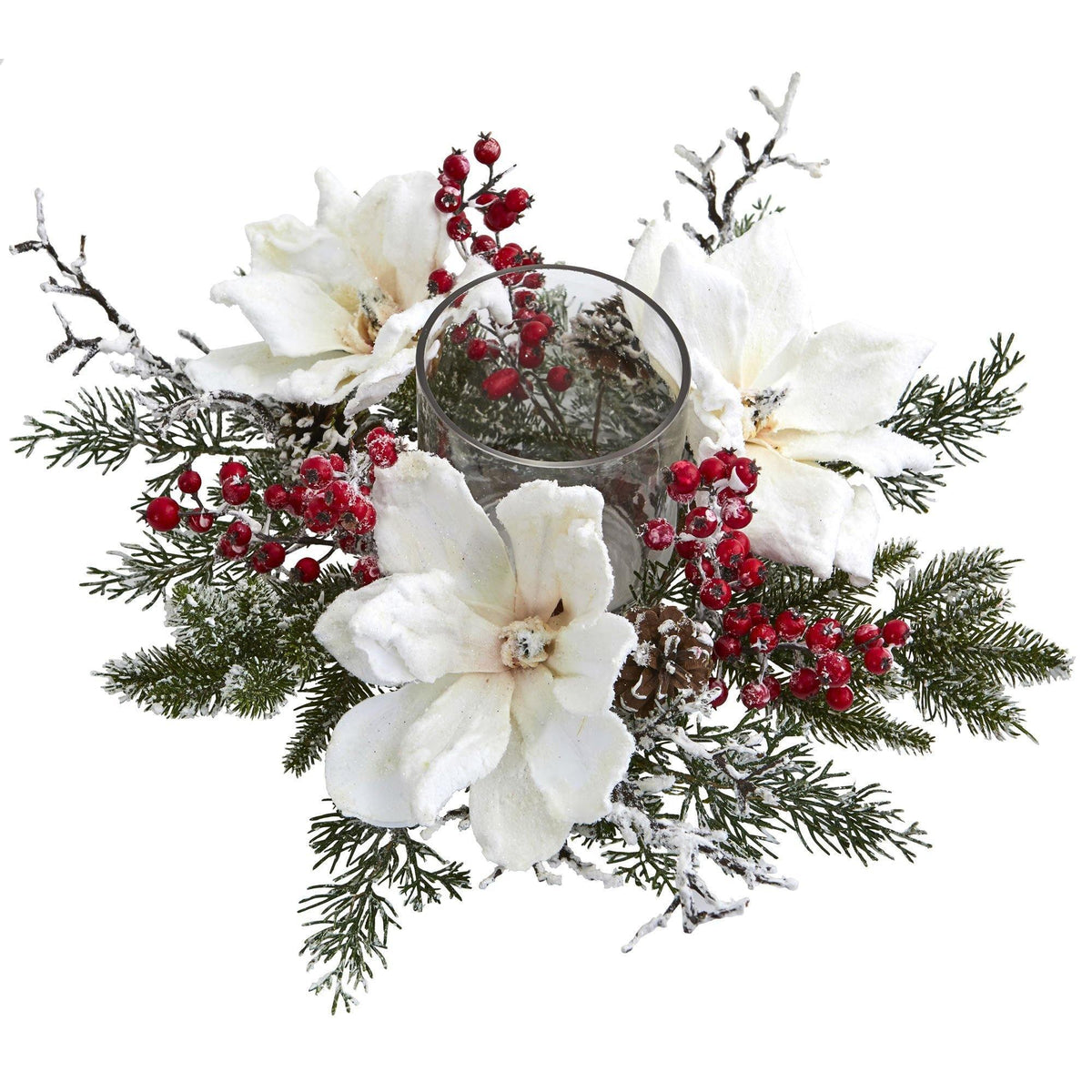 Frosted Magnolia Berry Candle Holder Centerpiece - Image 2