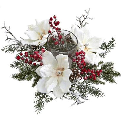 Frosted Magnolia Berry Candle Holder Centerpiece - Image 2