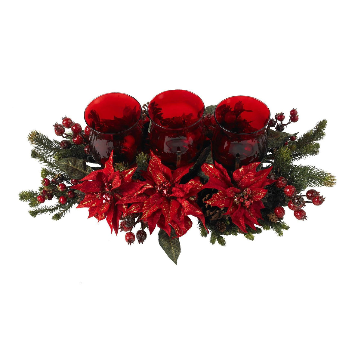 Poinsettia Berry Triple Candle Holder Centerpiece - Image 2