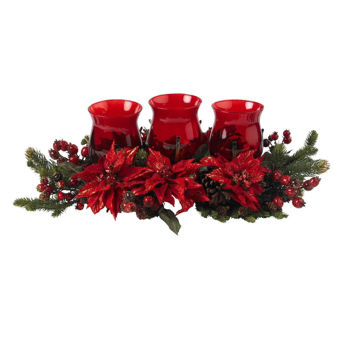 Poinsettia Berry Triple Candle Holder Centerpiece - Image 1