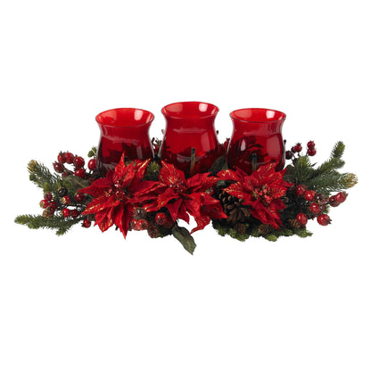 Poinsettia Berry Triple Candle Holder Centerpiece - Image 1