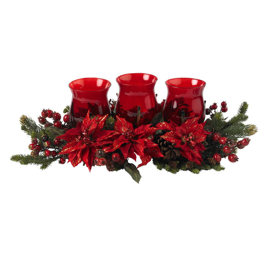 Poinsettia Berry Triple Candle Holder Centerpiece - Image 1