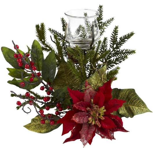 Poinsettia Pine Candle Holder Centerpiece - Image 1